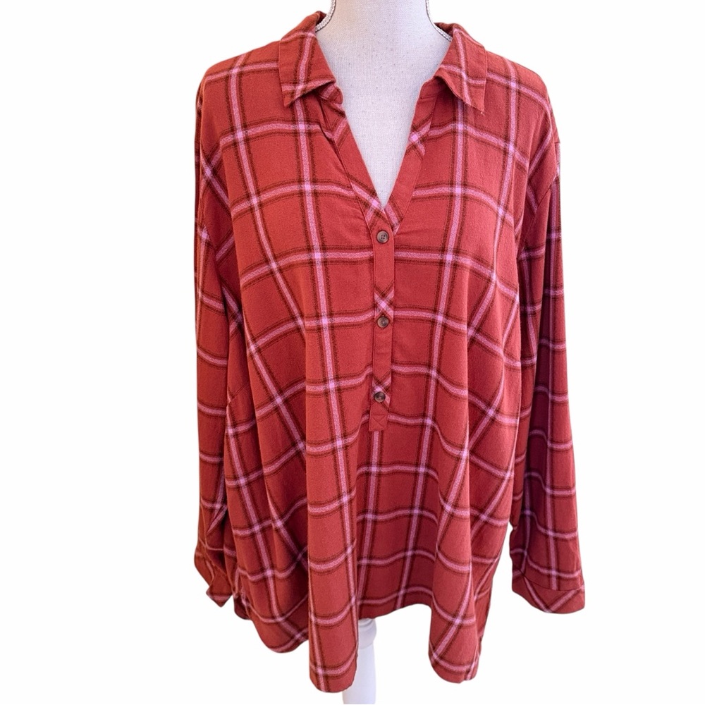 J. Jill Coral/Rust Plaid Button-Up V-Neck Shirt 4X